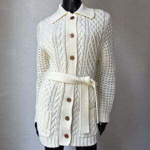 Chic Cream Cable Knit Cardigan with Belt